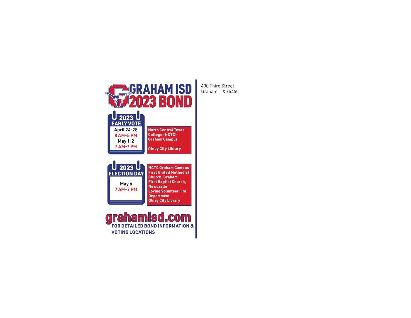 Back of the Graham ISD bond postcard with early voting dates and locations