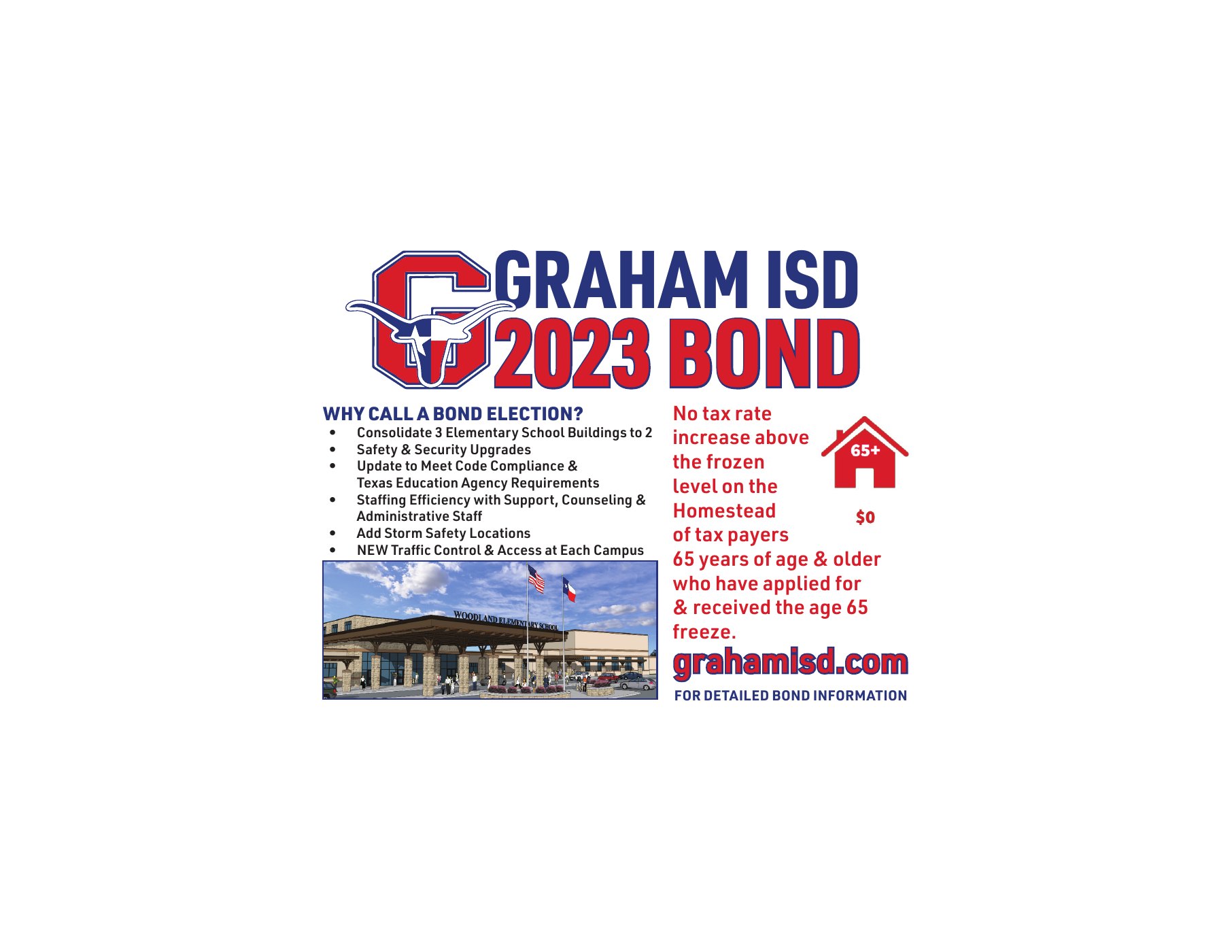 Graham ISD 2023 bond postcard explaining the impact for taxpayers age 65 and older