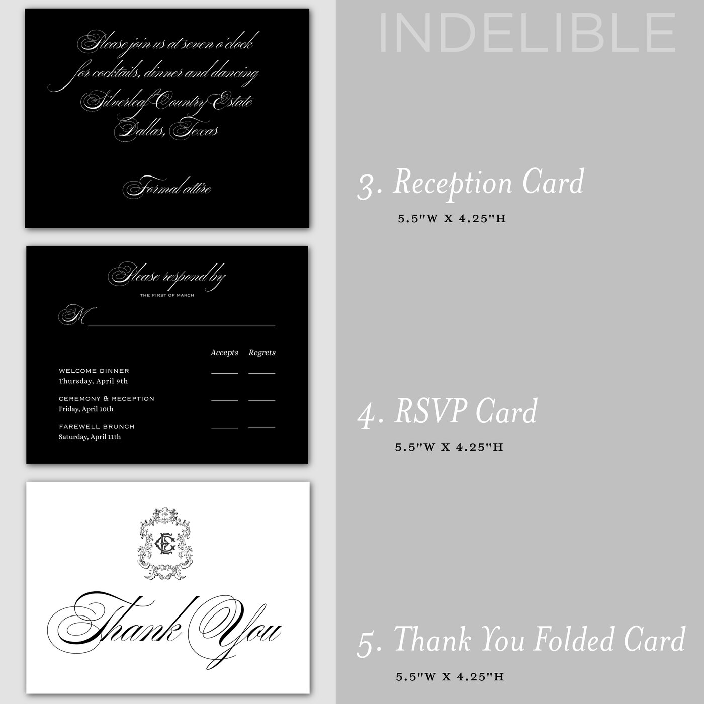 Baroque reception card, response card, and folded thank-you card