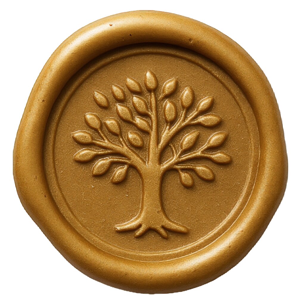 Gold INDELIBLE wax seal featuring a detailed tree mark